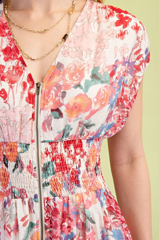 Ruth Cap Sleeve Floral Print Zip Up Midi Dress Fuchsia