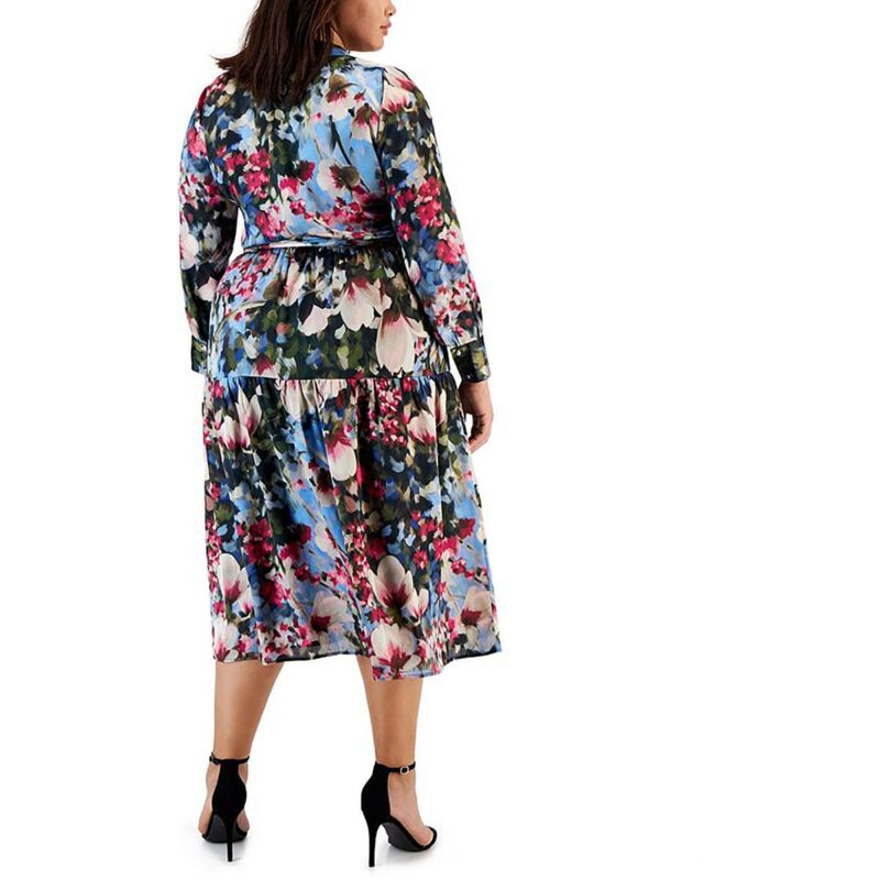 Anne Klein Womens Plus Satin Floral Midi Dress